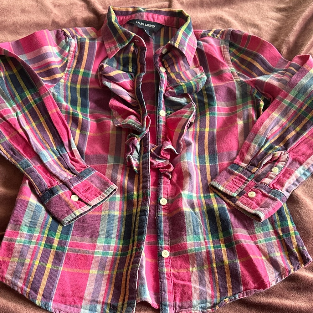Ralph Lauren Kids Plaid Ruffle Shirt - Red and Green